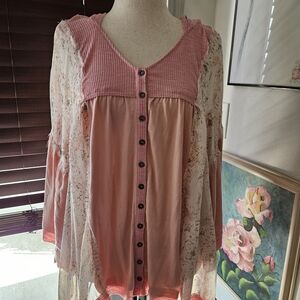 POL Pink and Cream Button-Down Blouse